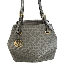 Michael Kors Jet Set Grab Bag Jacquard Signature MK Monogram Canvas Tote Gray